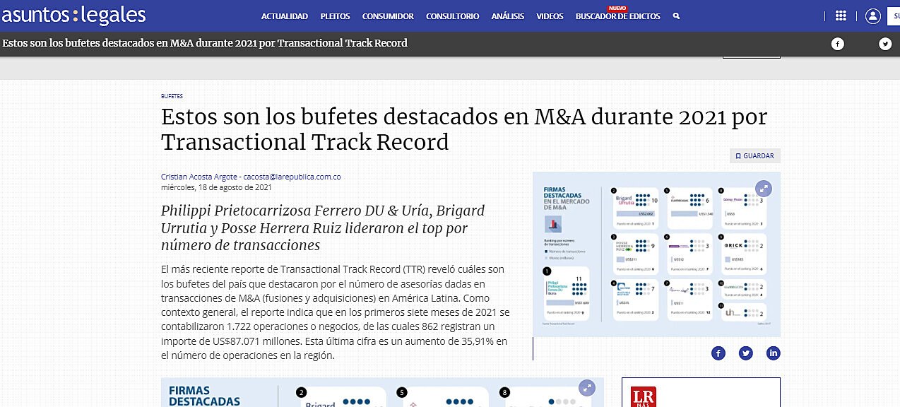 Estos son los bufetes destacados en M&A durante 2021 por Transactional Track Record